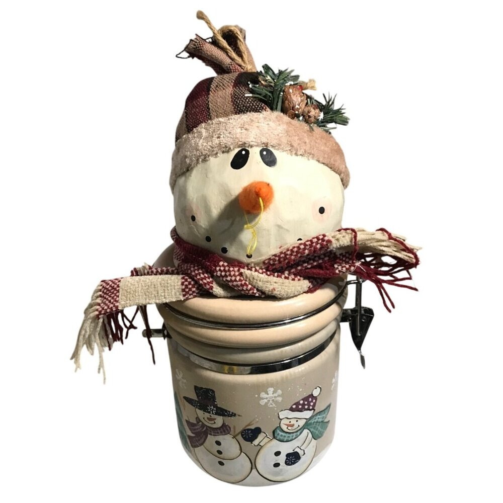 Snowman Cookie Jar Cannister Ceramic  Hinged Fabric Hat & Scarf 11" Tall